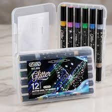 Six Pack Dual Tip Glitter Acrylic Marker Pens With Twelve Colors